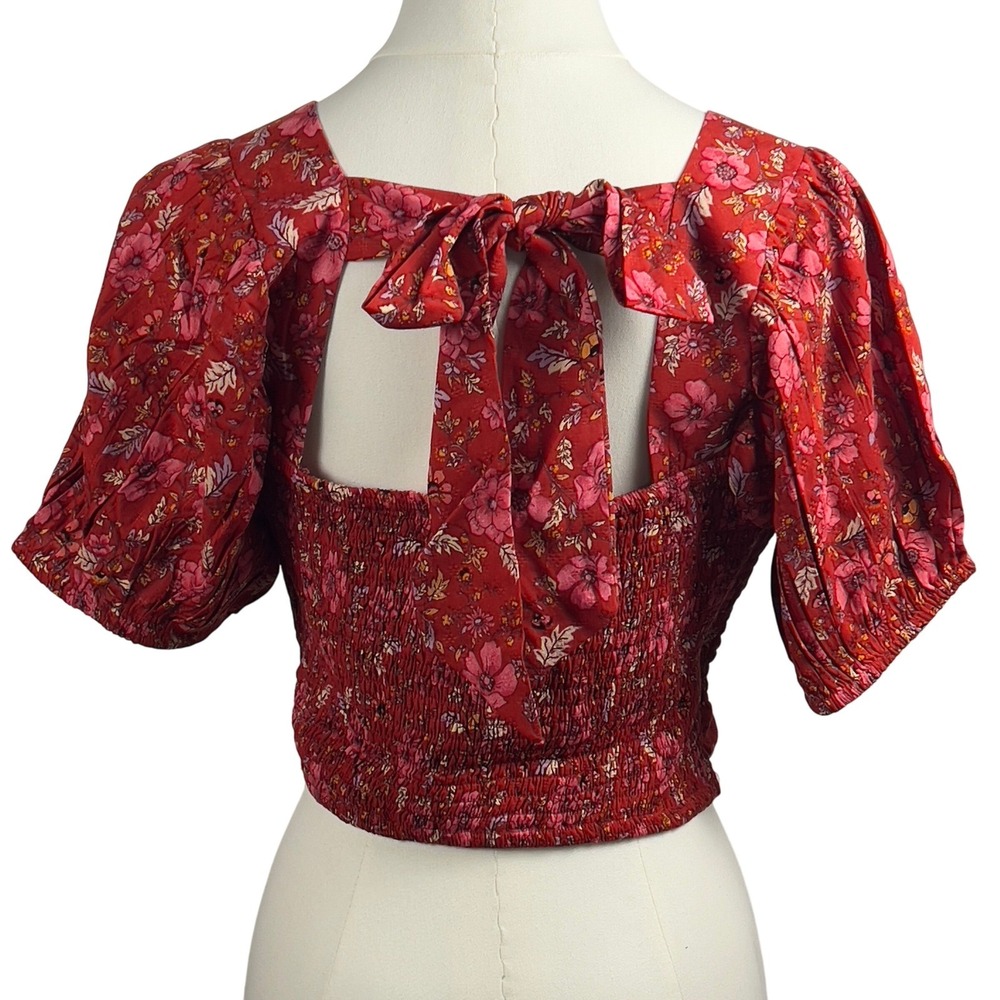 Band of the Free Joelle Crimson Pink Floral Smocked Crop Top Large Square Neck - Picture 4 of 9